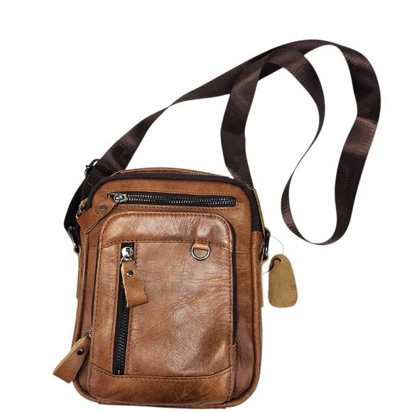 Leather Crossbody Bag Multi Pocket Travel Messenger Bag Unisex Adjustable Strap - Picture 1 of 15